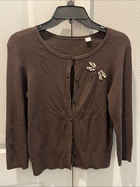 Brown Women's Cardigan Sweater with Beaded Dragonfly NWOT